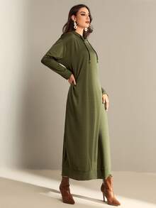 Mulvari 落肩袖隱藏口袋抽繩連帽洋裝 - 墨綠色 - 查看 5