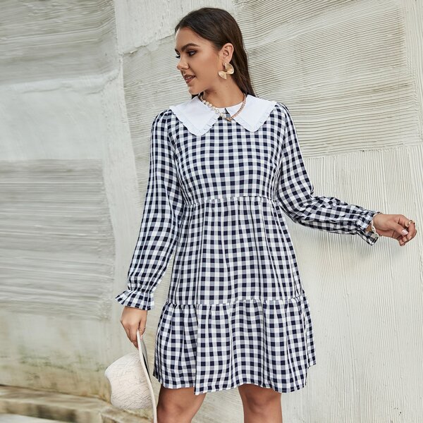 

Plus Gingham Print Peter-pan Collar Dress, Black and white