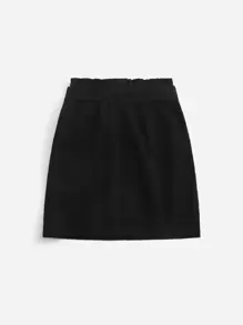 SHEIN Tween Girl Paperbag Waist Belted Button Front Skirt - Black - View 2