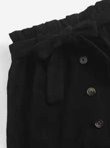 SHEIN Tween Girl Paperbag Waist Belted Button Front Skirt - Black - View 4