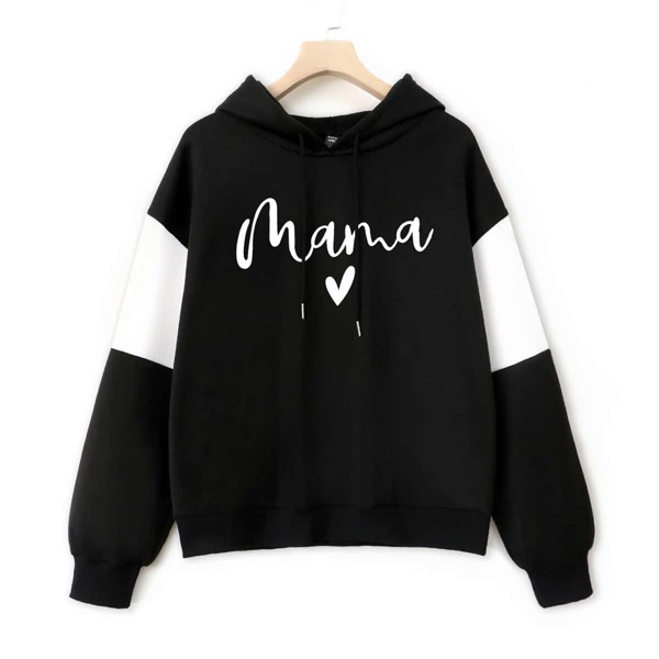 

Plus Letter & Heart Print Hoodie, Black