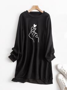 SHEIN LUNE Plus Hand & Heart Print Sweatshirt Dress - Black - View 1