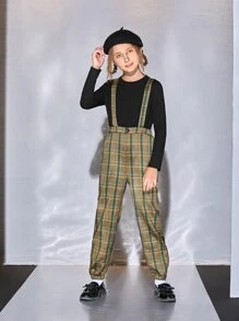 SHEIN Girls Solid Tee & Plaid Print Suspender Trousers - Multicolor - View 1