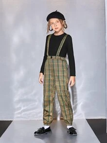 SHEIN Girls Solid Tee & Plaid Print Suspender Trousers - Multicolor - View 3