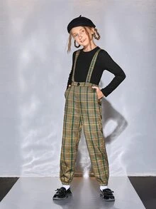 SHEIN Girls Solid Tee & Plaid Print Suspender Trousers - Multicolor - View 4