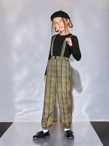 SHEIN Girls Solid Tee & Plaid Print Suspender Trousers - Multicolor - View 5