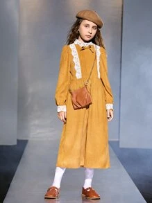 SHEIN 女孩提花蕾絲貼花燈籠袖燈芯絨洋裝