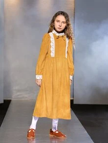 SHEIN 女孩提花蕾絲貼花燈籠袖燈芯絨洋裝