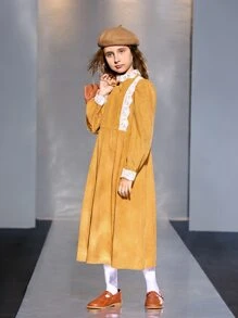 SHEIN 女孩提花蕾絲貼花燈籠袖燈芯絨洋裝