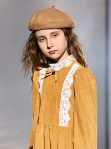 SHEIN 女孩提花蕾絲貼花燈籠袖燈芯絨洋裝