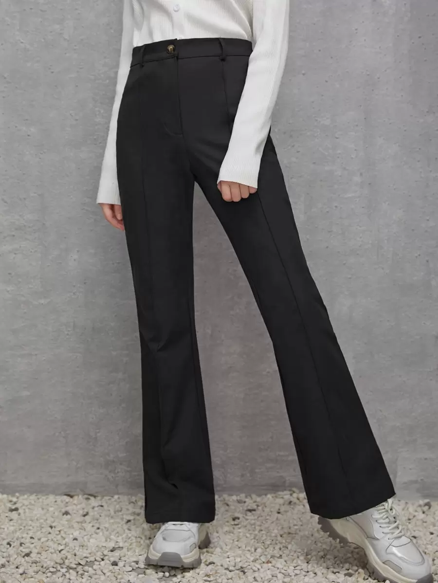 SHEIN Teen Girl Weave Pants With Small Side Slits - Black - View 1