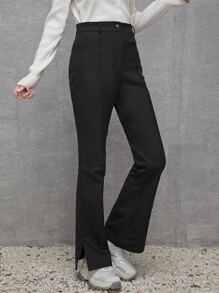 SHEIN Teen Girl Weave Pants With Small Side Slits - Black - View 3