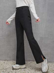 SHEIN Teen Girl Weave Pants With Small Side Slits - Black - View 4