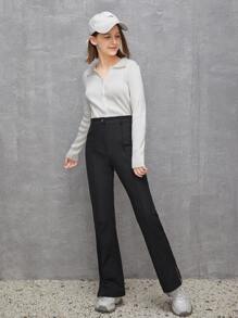 SHEIN Teen Girl Weave Pants With Small Side Slits - Black - View 5