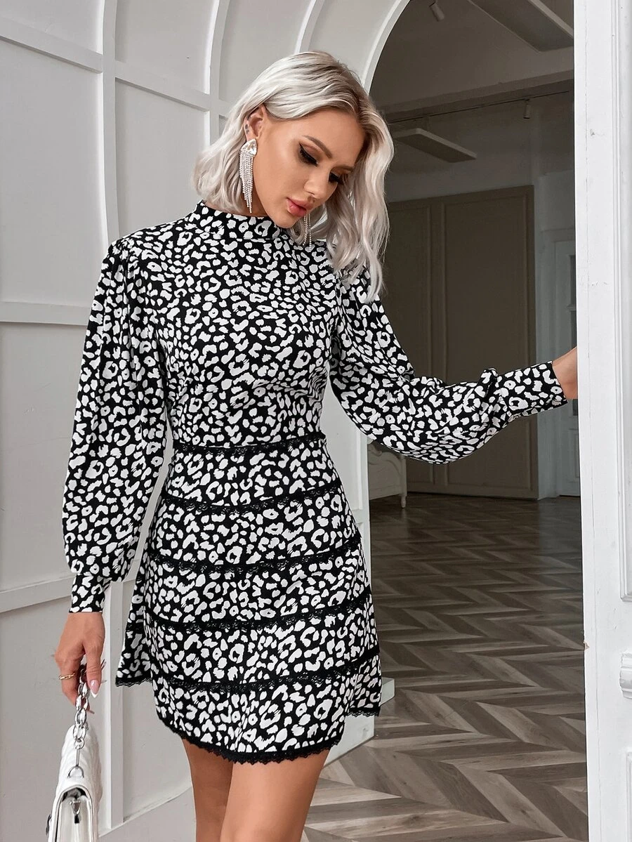 Eilly Bazar Đầm Lộ Lưng Tương phản ren Báo Thanh lịch - Đen và trắng - Xem 1
