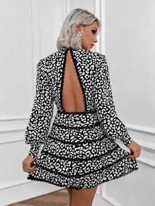 Eilly Bazar Đầm Lộ Lưng Tương phản ren Báo Thanh lịch - Đen và trắng - Xem 2
