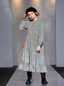 SHEIN 女孩威爾斯親王格紋燈籠袖荷葉邊洋裝