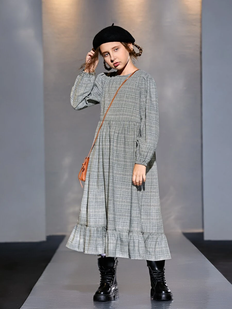 SHEIN 女孩威爾斯親王格紋燈籠袖荷葉邊洋裝