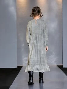 SHEIN 女孩威爾斯親王格紋燈籠袖荷葉邊洋裝