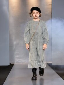 SHEIN 女孩威爾斯親王格紋燈籠袖荷葉邊洋裝