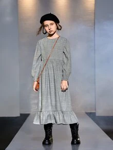 SHEIN 女孩威爾斯親王格紋燈籠袖荷葉邊洋裝