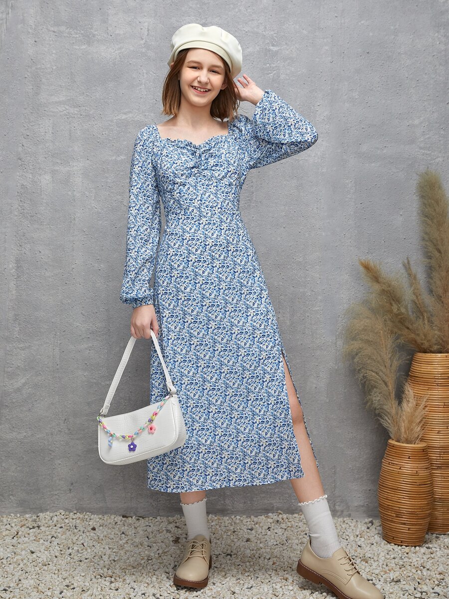 SHEIN 青少年女孩小碎花褶邊雞心領口高衩洋裝