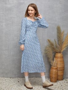 SHEIN 青少年女孩小碎花褶邊雞心領口高衩洋裝