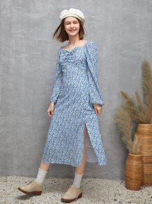 SHEIN 青少年女孩小碎花褶邊雞心領口高衩洋裝