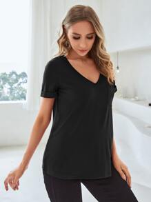 SHEIN Áo thun Bà bầu Túi màu trơn Giải trí - màu đen - Xem 3