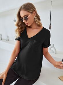 SHEIN Áo thun Bà bầu Túi màu trơn Giải trí - màu đen - Xem 4