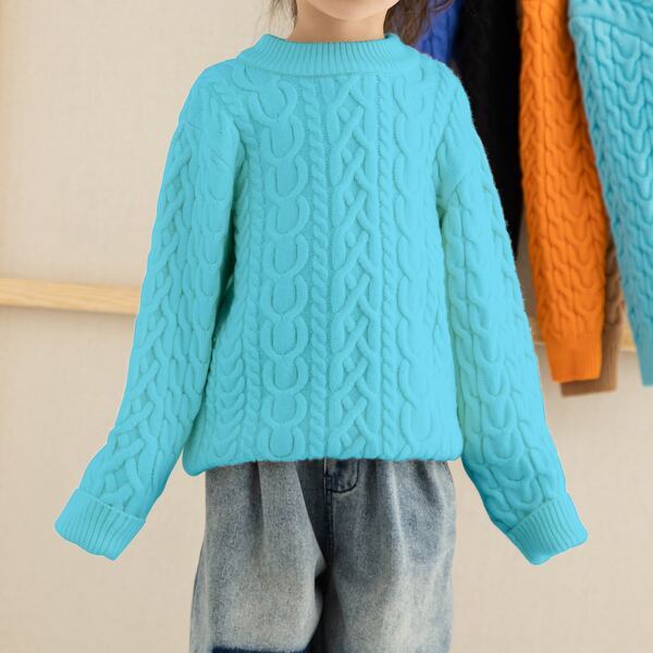 

Girls Neon Orange Drop Shoulder Cable Knit Solid Sweater, Mint blue