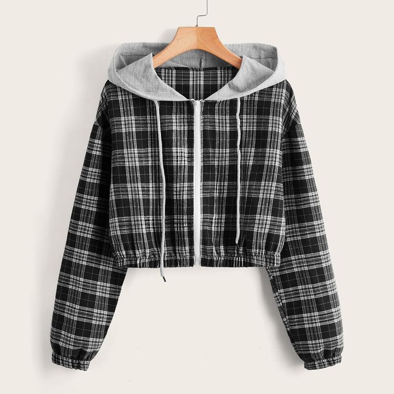 

Plaid Drawstring Hooded Crop Jacket, Multicolor