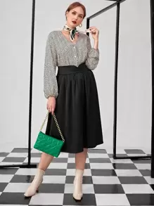 Plus Fake Buttons A-line Skirt - Black - View 1