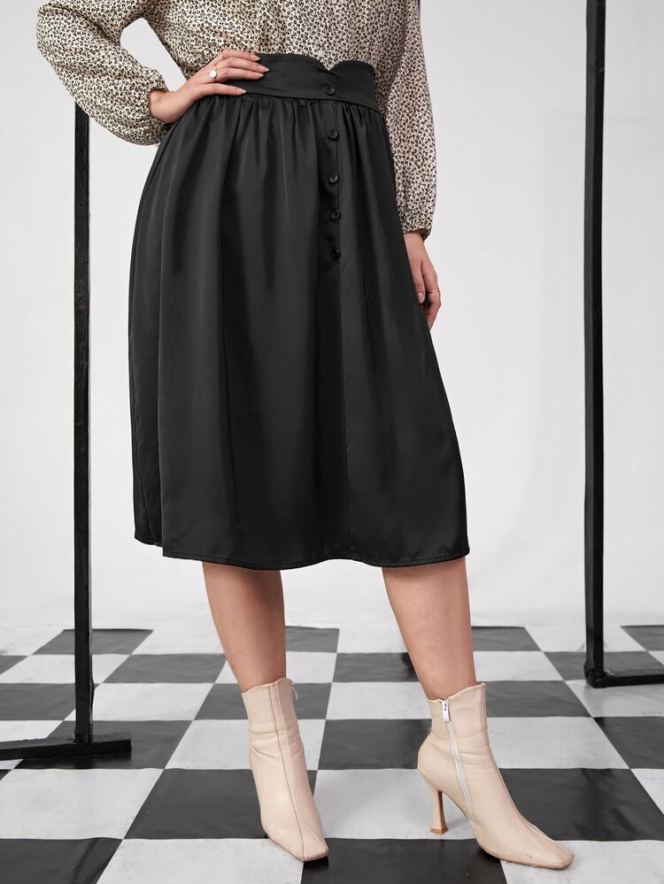 Plus Fake Buttons A-line Skirt - Black - View 5