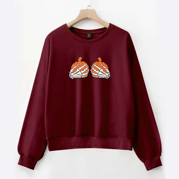 

Plus Halloween Pumpkin & Skeleton Hand Print Sweatshirt, Burgundy