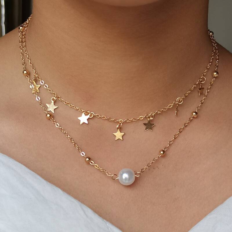 

2pcs Faux Pearl Decor Chain Necklace, Gold