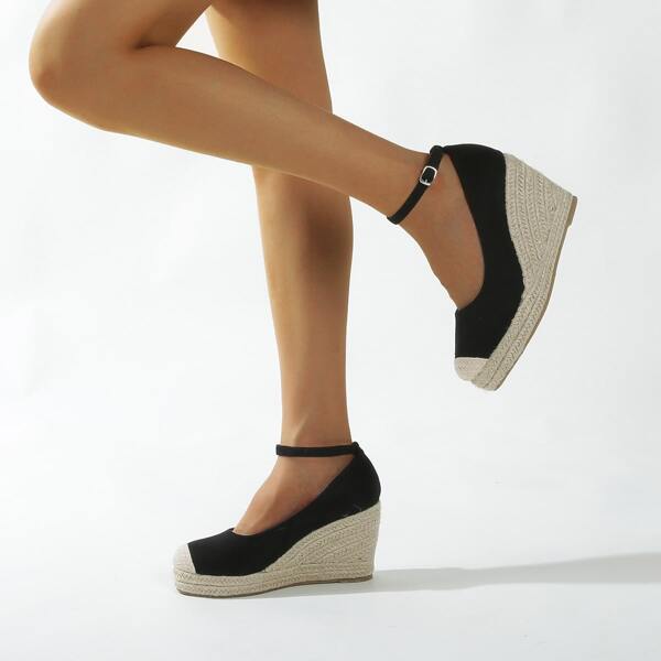 

Suede Espadrille Ankle Strap Wedges, Black