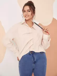 SHEIN EZwear Plus Vertical Stripe Patched Pocket Drop Shoulder Shirt - Beige - View 1