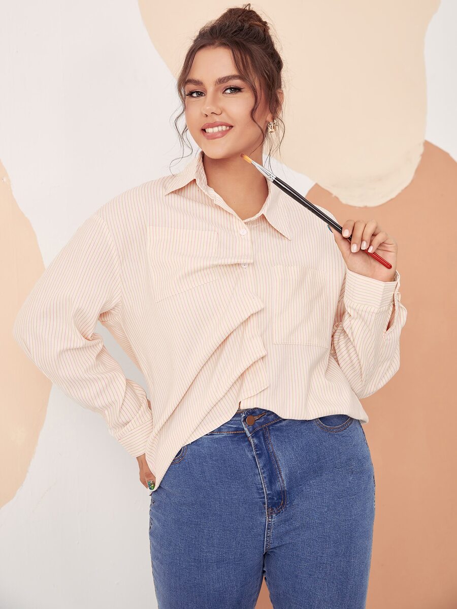 SHEIN EZwear Plus Vertical Stripe Patched Pocket Drop Shoulder Shirt - Beige - View 1