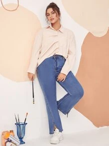 SHEIN EZwear Plus Vertical Stripe Patched Pocket Drop Shoulder Shirt - Beige - View 3