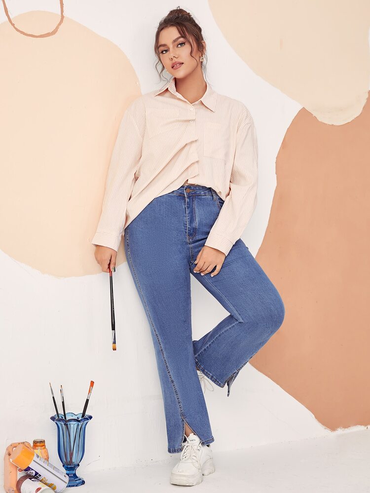 SHEIN EZwear Plus Vertical Stripe Patched Pocket Drop Shoulder Shirt - Beige - View 3