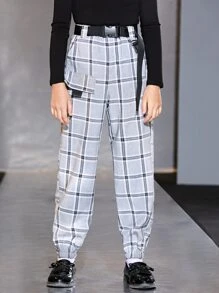 SHEIN 女孩格紋印花腰帶長褲