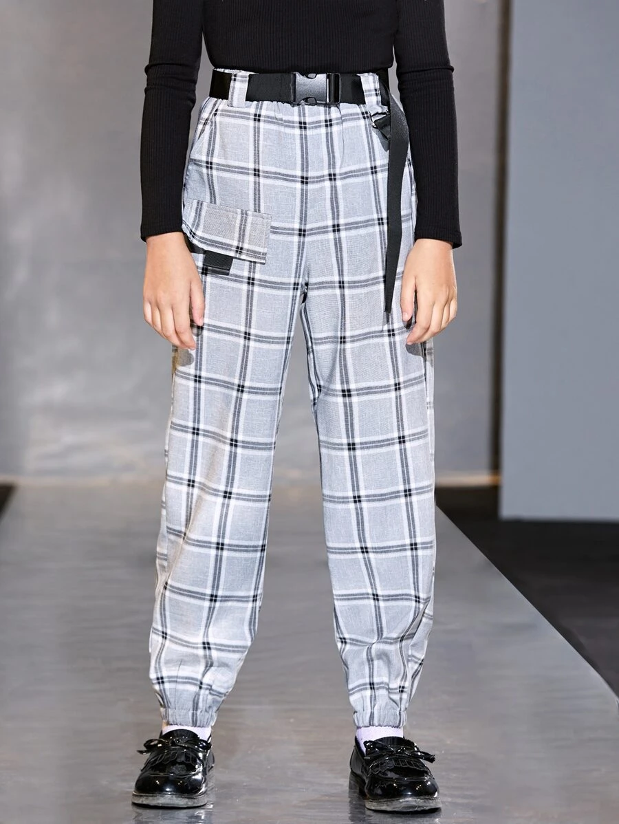 SHEIN 女孩格紋印花腰帶長褲