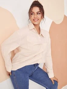 SHEIN EZwear Plus Vertical Stripe Patched Pocket Drop Shoulder Shirt - Beige - View 4