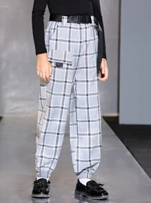 SHEIN 女孩格紋印花腰帶長褲