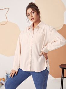 SHEIN EZwear Plus Vertical Stripe Patched Pocket Drop Shoulder Shirt - Beige - View 5