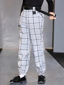SHEIN 女孩格紋印花腰帶長褲