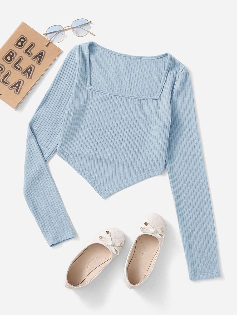 SHEIN 青少年女孩方領不對稱下擺羅紋針織T恤 - 淺藍色 - 查看 1