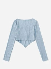 SHEIN 青少年女孩方領不對稱下擺羅紋針織T恤 - 淺藍色 - 查看 2
