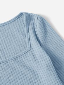 SHEIN 青少年女孩方領不對稱下擺羅紋針織T恤 - 淺藍色 - 查看 3